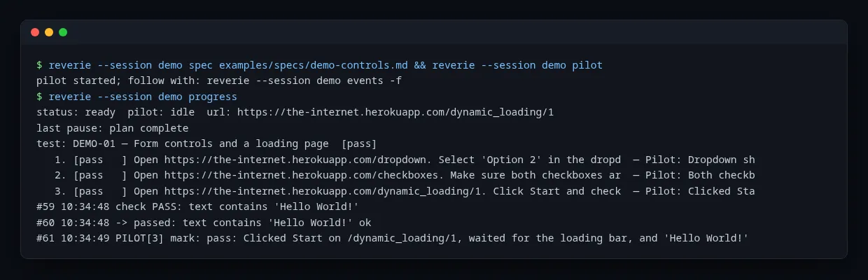 Starting a spec run and reading its progress from the terminal