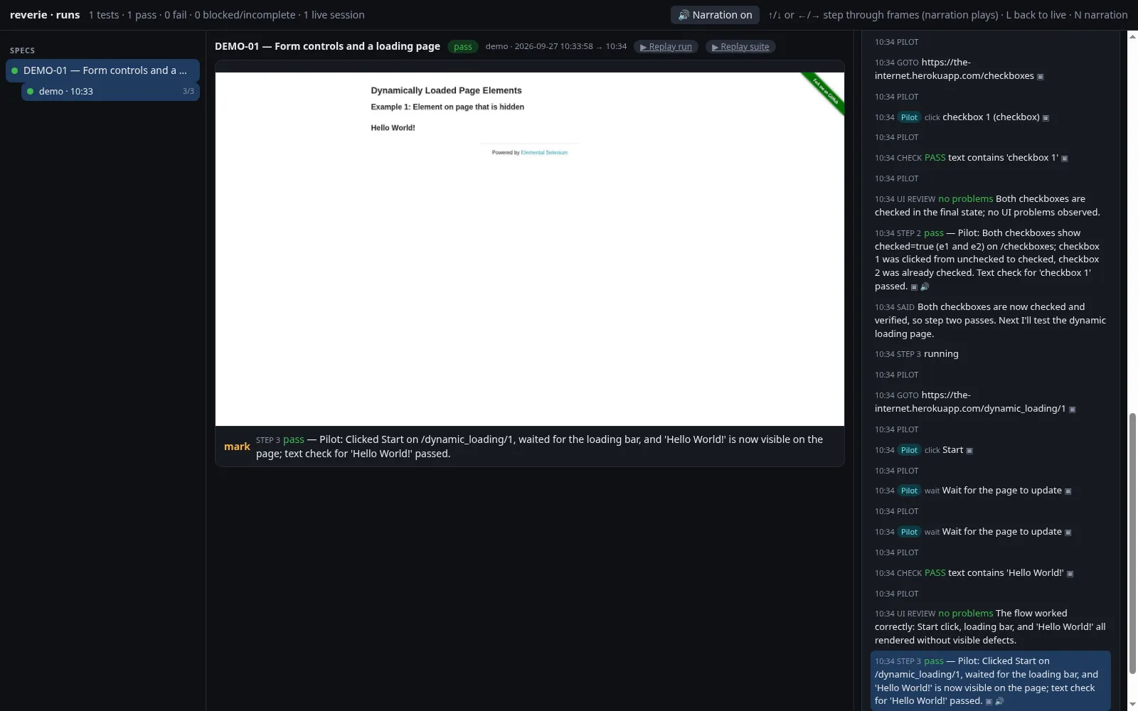 Run dashboard with the timeline and a frame